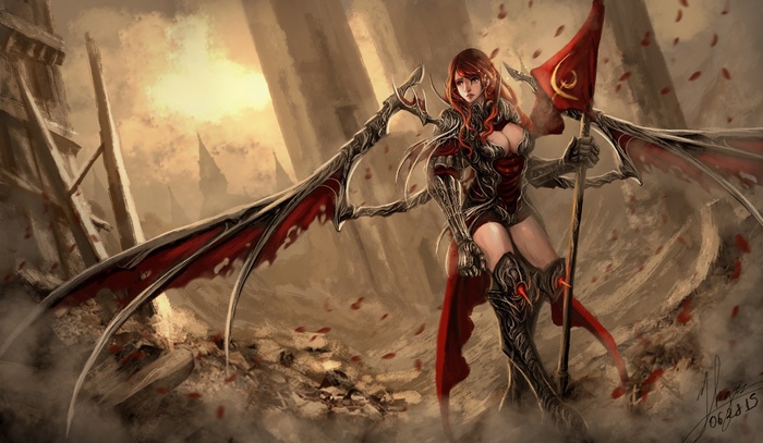Fantasy art of a winged warrior with a flag