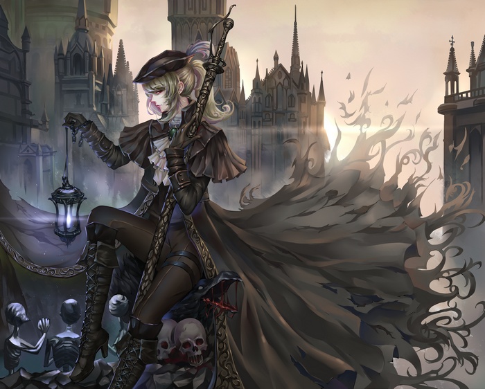 anime girls, Lady Maria, hat, Gothic, Bloodborne, skull, anime