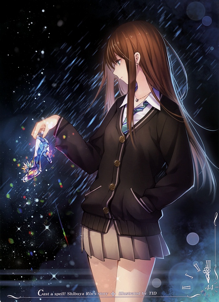 Shibuya Rin holding a glass shoe in the rain