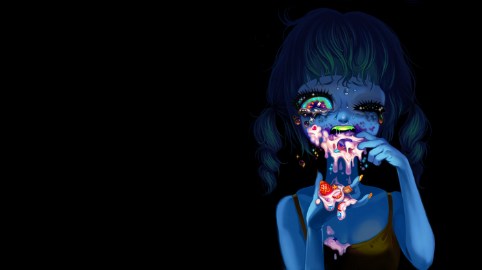 Blue creature with colorful makeup and dripping candy
