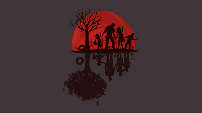 Zombies and tree silhouette against red sun