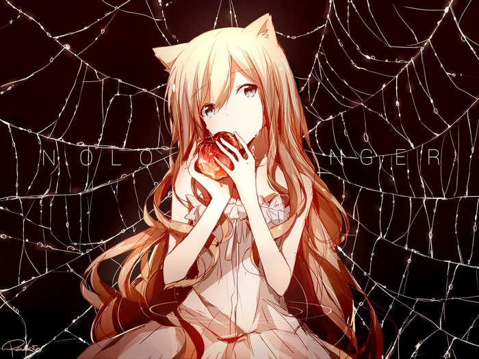 Anime cat girl holding a glowing red fruit in a spider web