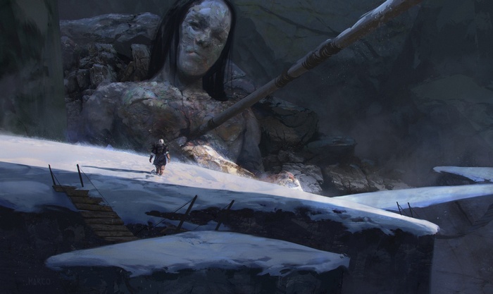 Giant stone statue in a snowy cave with a lone traveler
