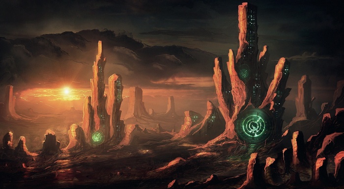 Alien landscape with futuristic structures at sunset