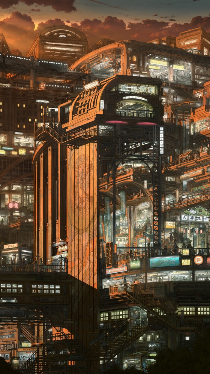 Anime city with futuristic architecture and glowing signs