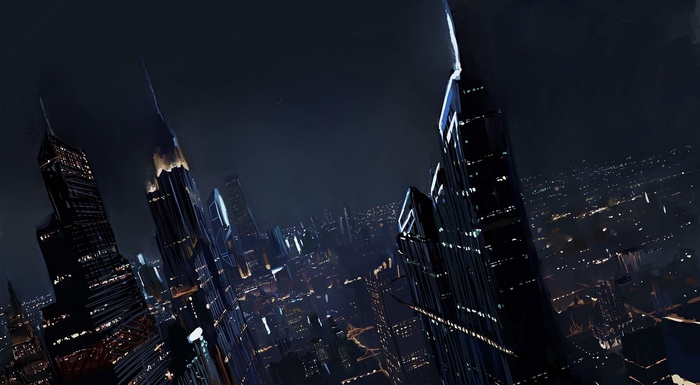 Artwork of a futuristic city at night
