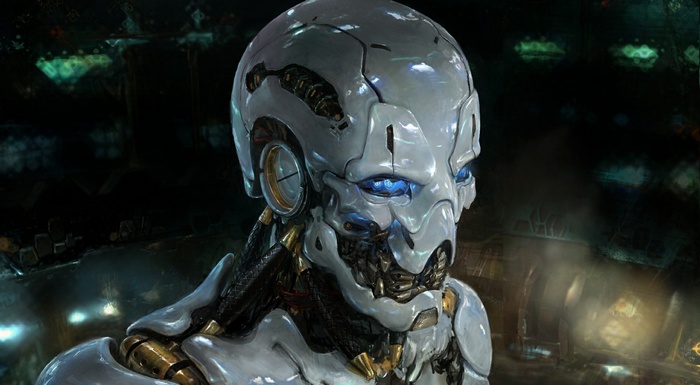 Close-up of a science fiction robot with blue eyes