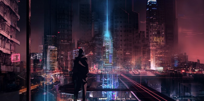 Cyberpunk city silhouette with glowing skyscrapers