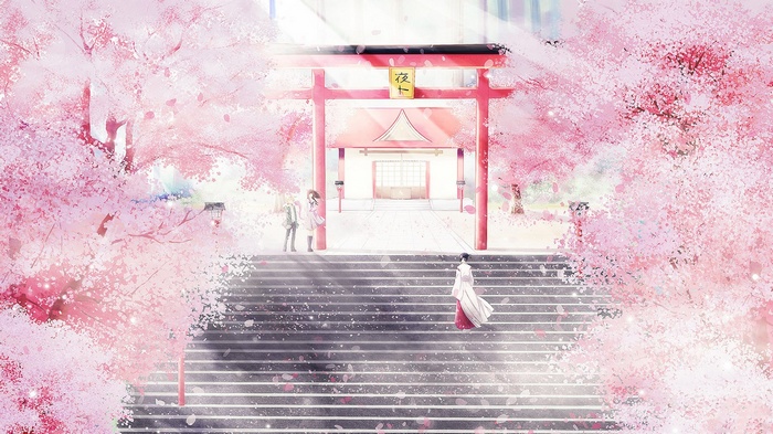Iki Hiyori and Yato at a shrine during cherry blossom season