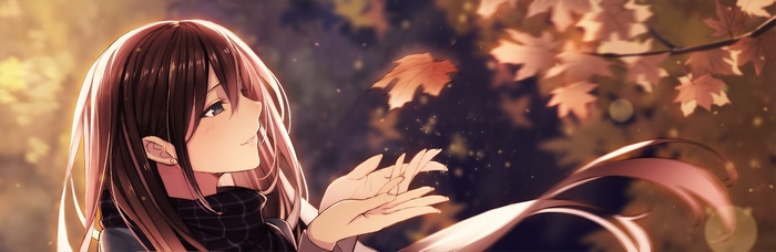 Anime girl with brown hair reaching for a falling leaf