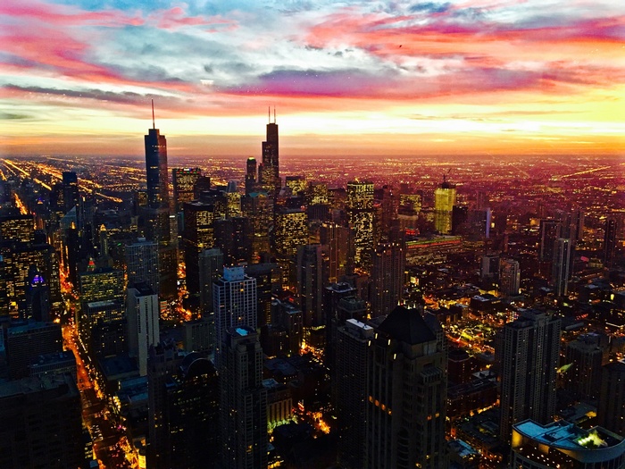 Chicago skyline at sunset with colorful sky