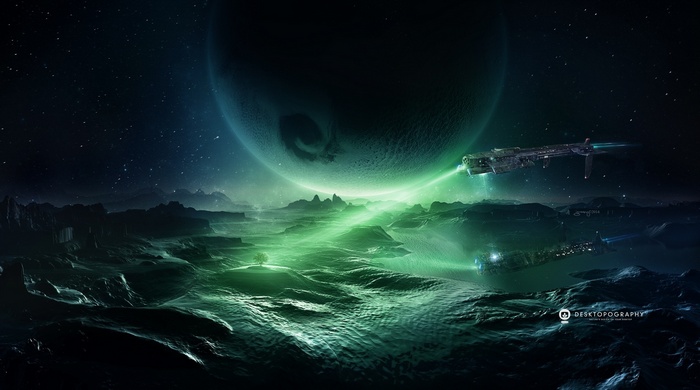 Spaceships in a green nebula with a large planet