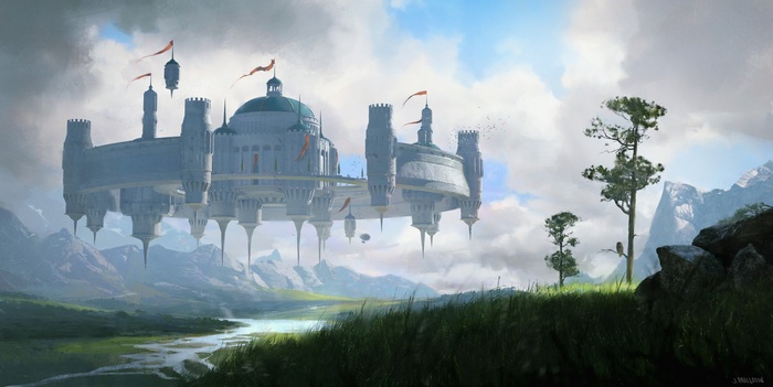 Fantasy floating castle above a valley