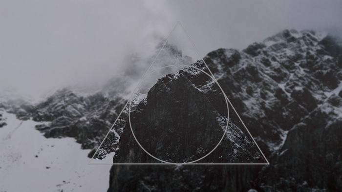 Monochrome mountains with abstract geometric shapes