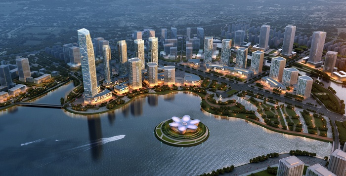 Modern cityscape with skyscrapers around a lake and island.