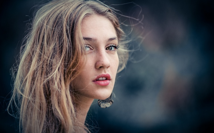 open mouth, long hair, brown eyes, Michael Kafka, eyes, portrait, model, freckles, wavy hair, looking at viewer, face, depth of field, blonde, women