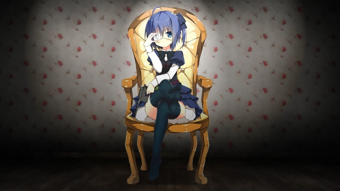 Takanashi Rikka sitting in a chair with a gun