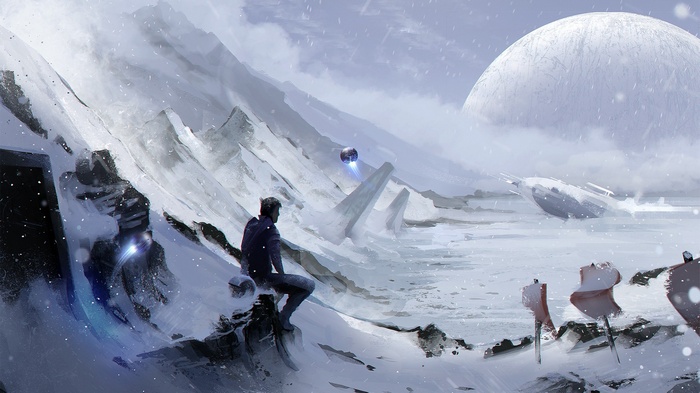 Artwork of a snowy landscape with a person and a spaceship