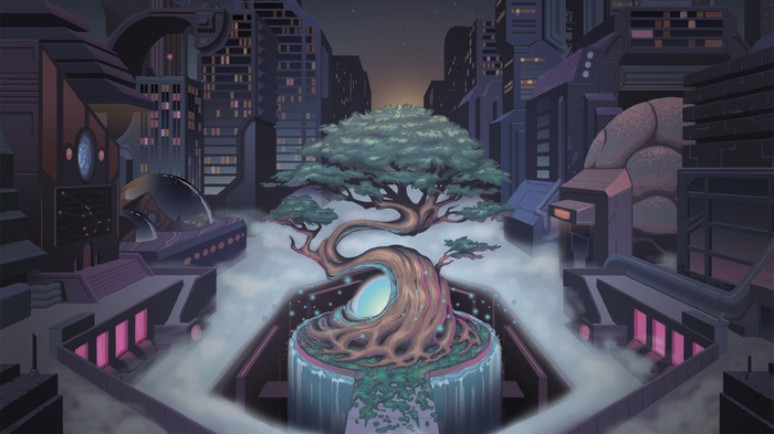 Monstercat artwork of a futuristic city with a central tree
