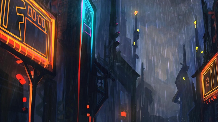 Monstercat artwork of a rainy cyberpunk city