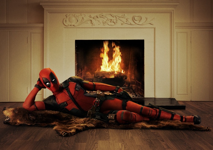 Deadpool Lying on a Bear Rug by a Fireplace