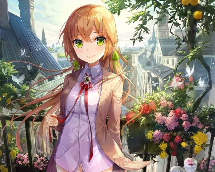 Anime girl with brown hair and green eyes on a balcony