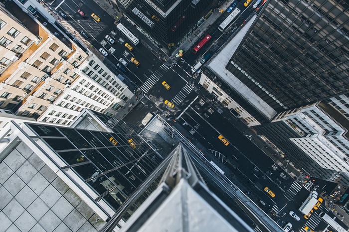 Aerial view of New York City street with yellow taxis