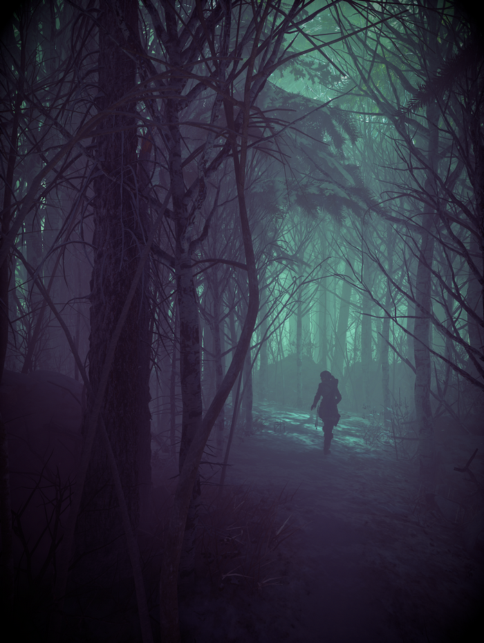 Lara Croft in a foggy forest from Rise of the Tomb Raider