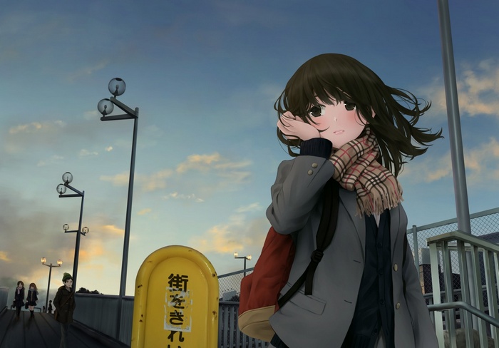 Anime girl with scarf and backpack on a street