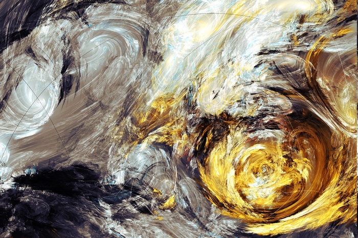 Abstract painting with swirling golden and grey patterns