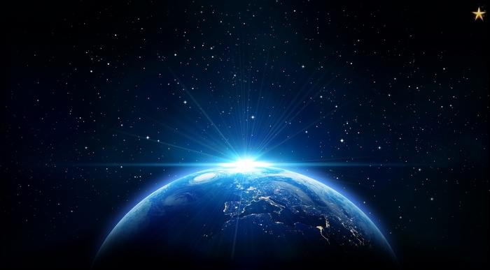 Earth and stars with bright light from space