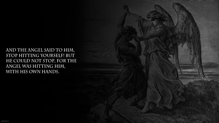 Angel wrestling Jacob with quote