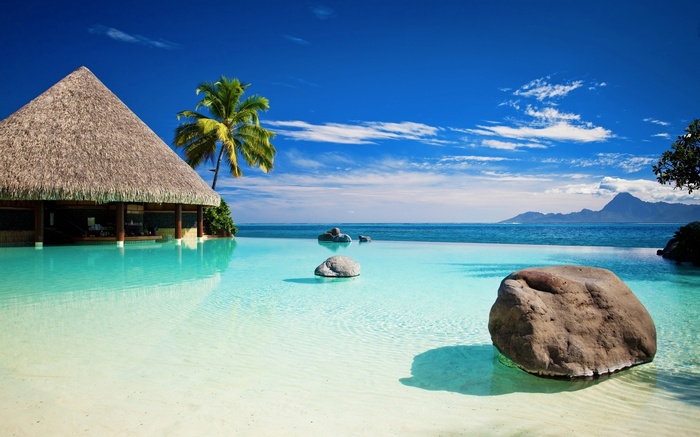 Tropical beach with thatched hut and palm trees