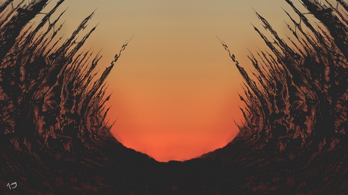 Abstract artwork with spiky formations and sunset sky