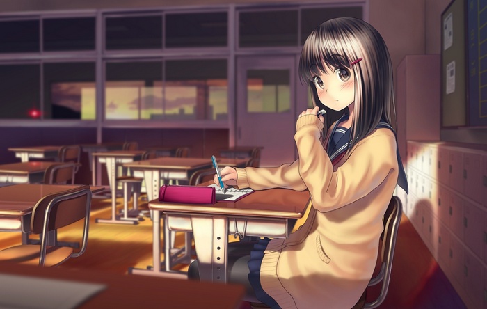 Anime girl studying in a classroom