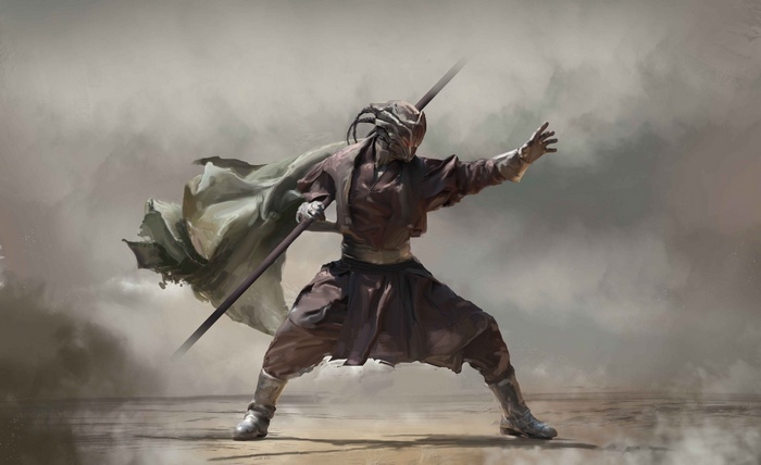 Fantasy warrior with a staff and cape