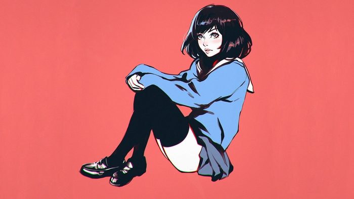 knee-highs, simple background, drawing, short hair, artwork, women, Ilya Kuvshinov, school uniform