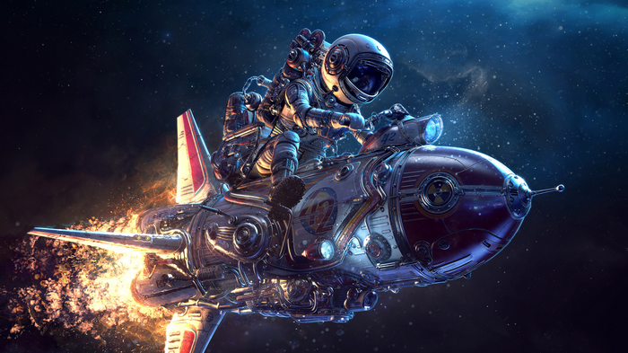 Astronaut riding a retro-futuristic spaceship through space