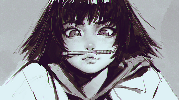 Monochrome drawing of a girl with a pencil in her mouth
