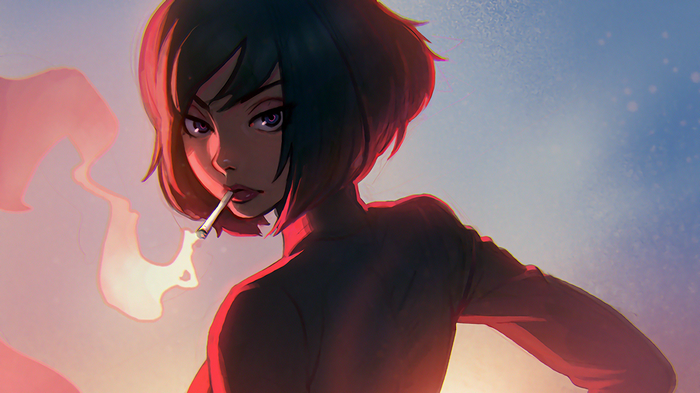 Illustration of a woman smoking by Ilya Kuvshinov
