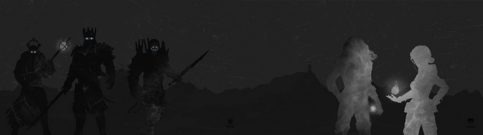 The Witcher characters in a dark landscape
