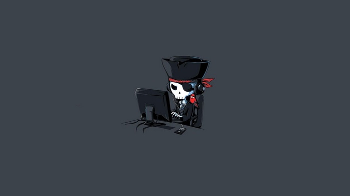 Skeleton pirate at computer with headphones