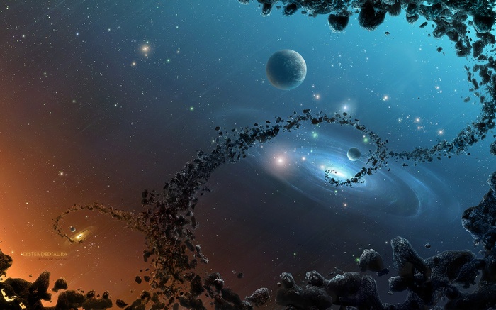 Space scene with planets, asteroids, and a galaxy
