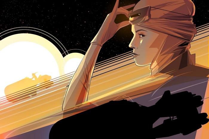 Rey from Star Wars looking towards a bright sun