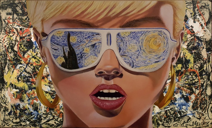 Woman wearing sunglasses reflecting Van Gogh's Starry Night