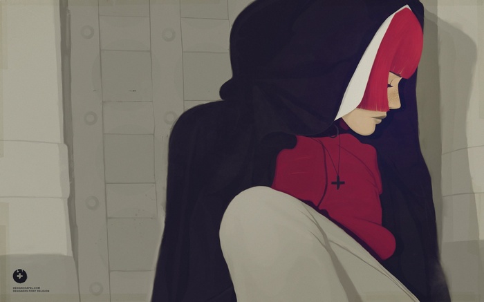 Artwork of a nun with red hair and a cross necklace