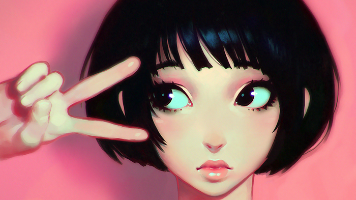 Artwork of a woman with black hair making a peace sign