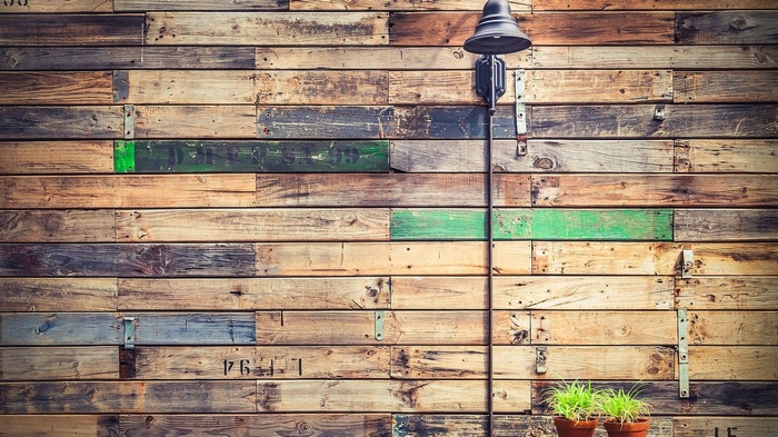 Wooden wall with a lamp and plants