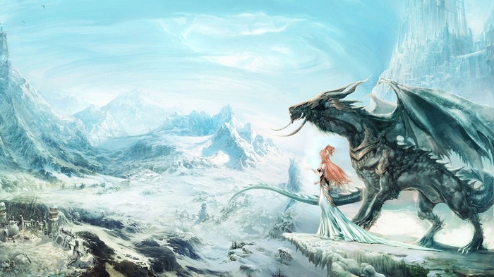 A girl and a dragon in a snowy mountain landscape