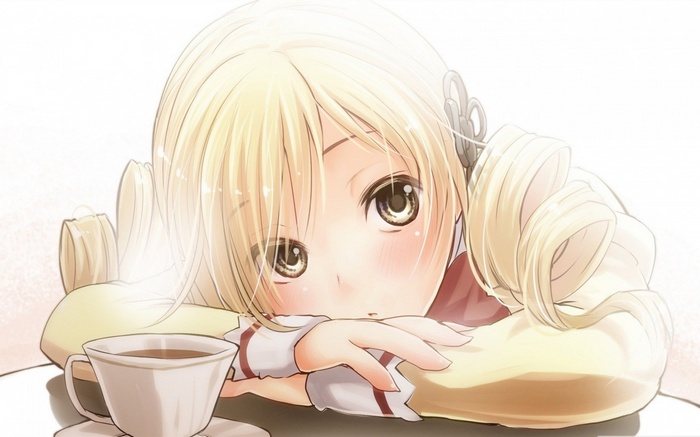 Tomoe Mami with coffee from Mahou Shoujo Madoka Magica